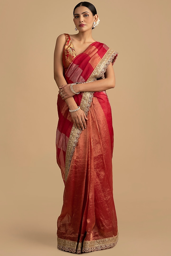 Red & Pink Tissue Silk Hand Embroidered Banarasi Party Wear Saree Set by Zal From Benaras at Pernia's Pop Up Shop