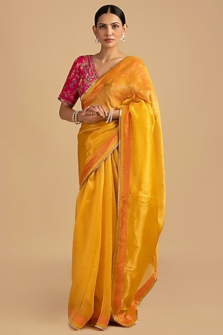 Yellow Pure Organza Silk Zari Work Banarasi Handloom Saree Set by Zal From Benaras