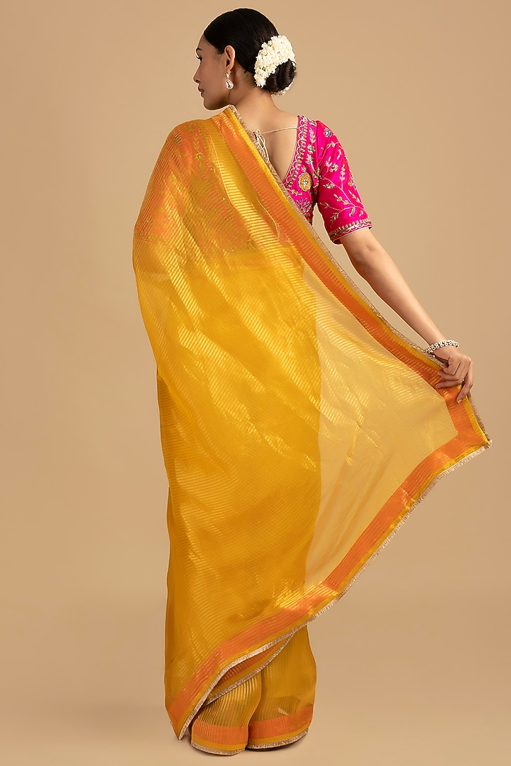 Yellow Pure Organza Silk Zari Work Banarasi Handloom Party Wear Saree Set by Zal From Benaras at Pernia's Pop Up Shop