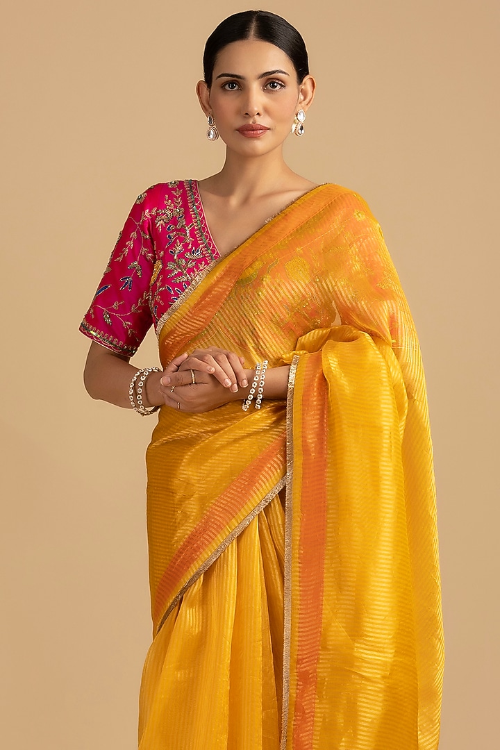 Yellow Pure Organza Silk Zari Work Banarasi Handloom Party Wear Saree Set by Zal From Benaras at Pernia's Pop Up Shop
