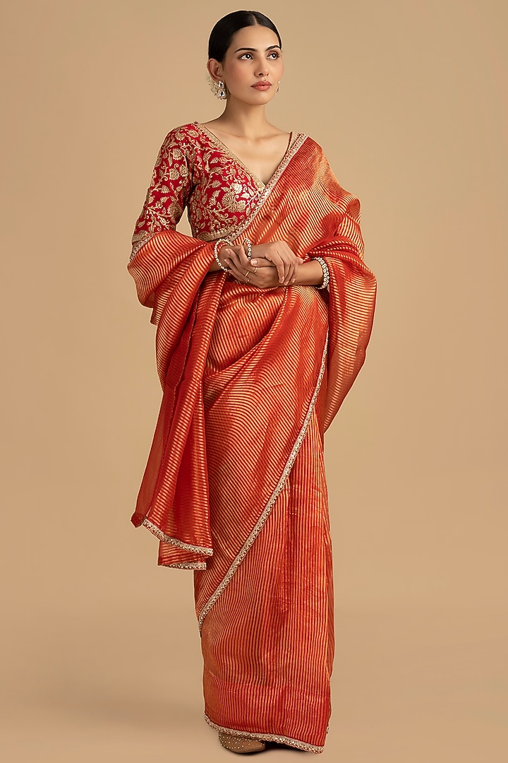 Red Pure Organza Silk Banarasi Handloom Party Wear Saree Set by Zal From Benaras at Pernia's Pop Up Shop