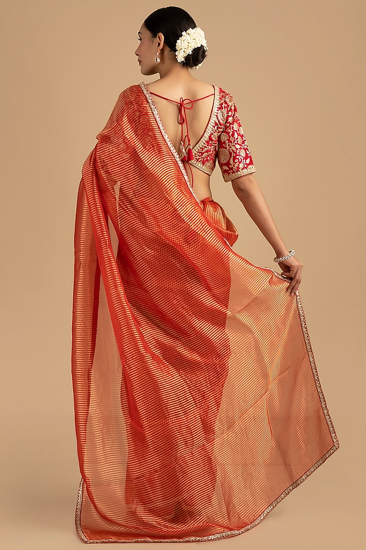 Red Pure Organza Silk Banarasi Handloom Party Wear Saree Set by Zal From Benaras at Pernia's Pop Up Shop