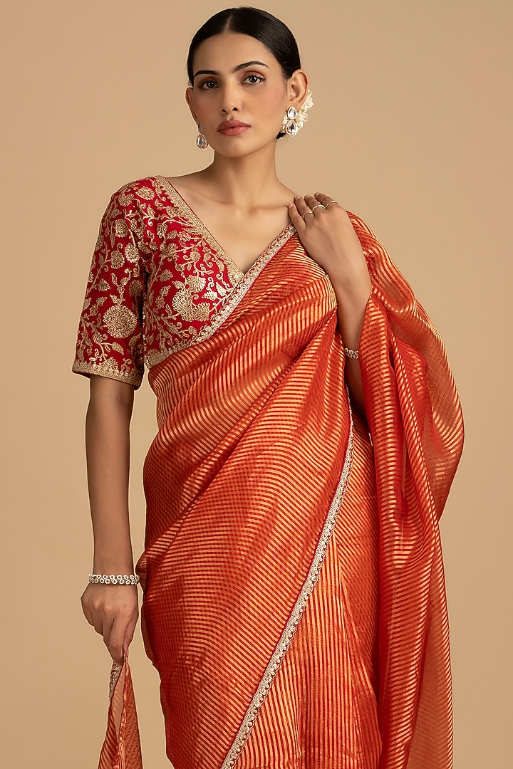 Red Pure Organza Silk Banarasi Handloom Party Wear Saree Set by Zal From Benaras at Pernia's Pop Up Shop