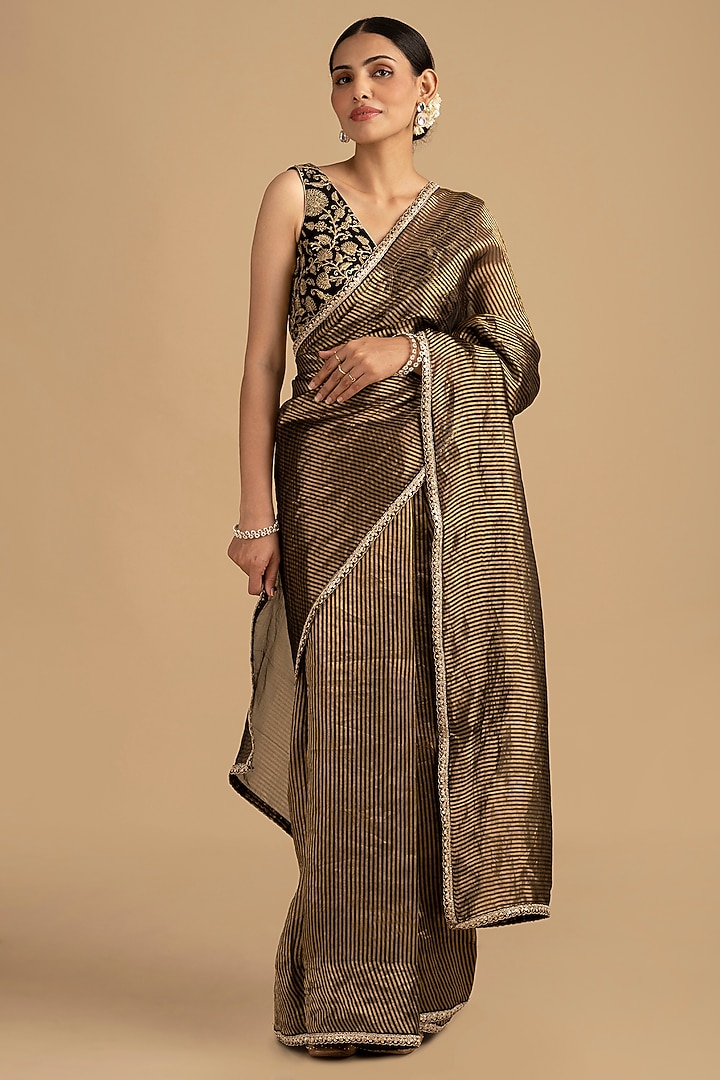 Black Pure Organza Silk Zari Work Banarasi Handloom Party Wear Saree Set by Zal From Benaras at Pernia's Pop Up Shop