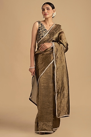 Black Pure Organza Silk Zari Work Banarasi Handloom Saree Set by Zal From Benaras