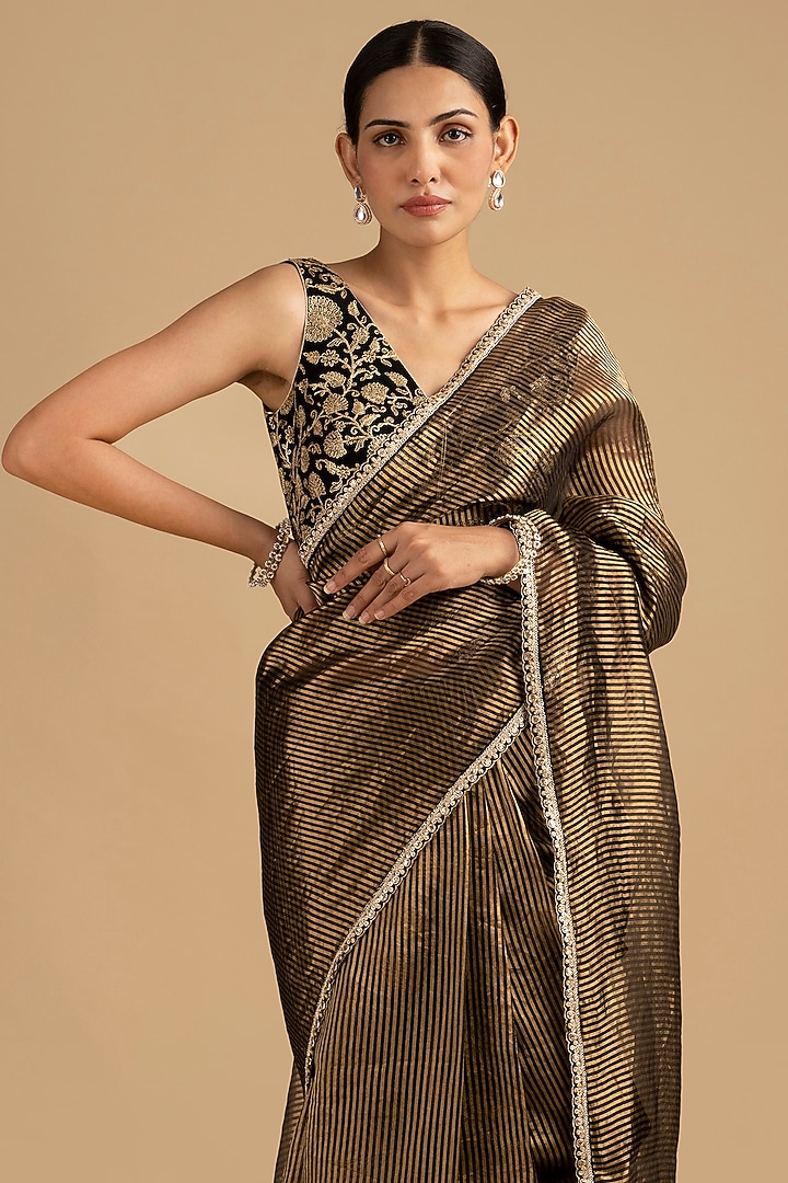 Black Pure Organza Silk Zari Work Banarasi Handloom Party Wear Saree Set by Zal From Benaras at Pernia's Pop Up Shop