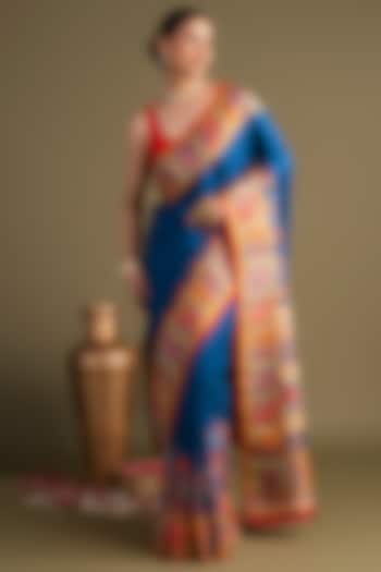 Royal Blue Pure Silk Floral Printed Banarasi Handloom Party Wear Saree Set by Zal From Benaras at Pernia's Pop Up Shop
