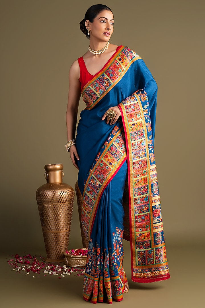 Royal Blue Pure Silk Floral Printed Banarasi Handloom Party Wear Saree Set by Zal From Benaras at Pernia's Pop Up Shop
