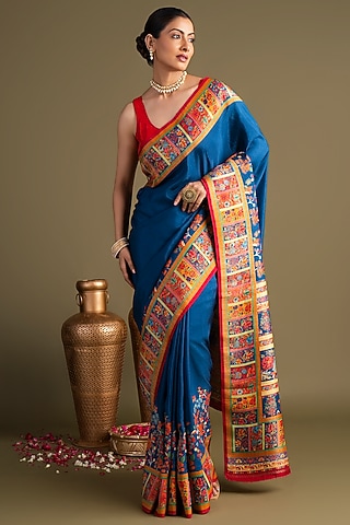Royal Blue Pure Silk Floral Printed Banarasi Handloom Saree Set by Zal From Benaras