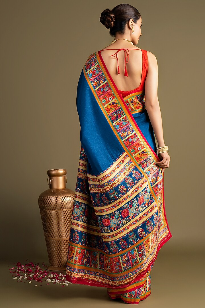 Royal Blue Pure Silk Floral Printed Banarasi Handloom Party Wear Saree Set by Zal From Benaras at Pernia's Pop Up Shop