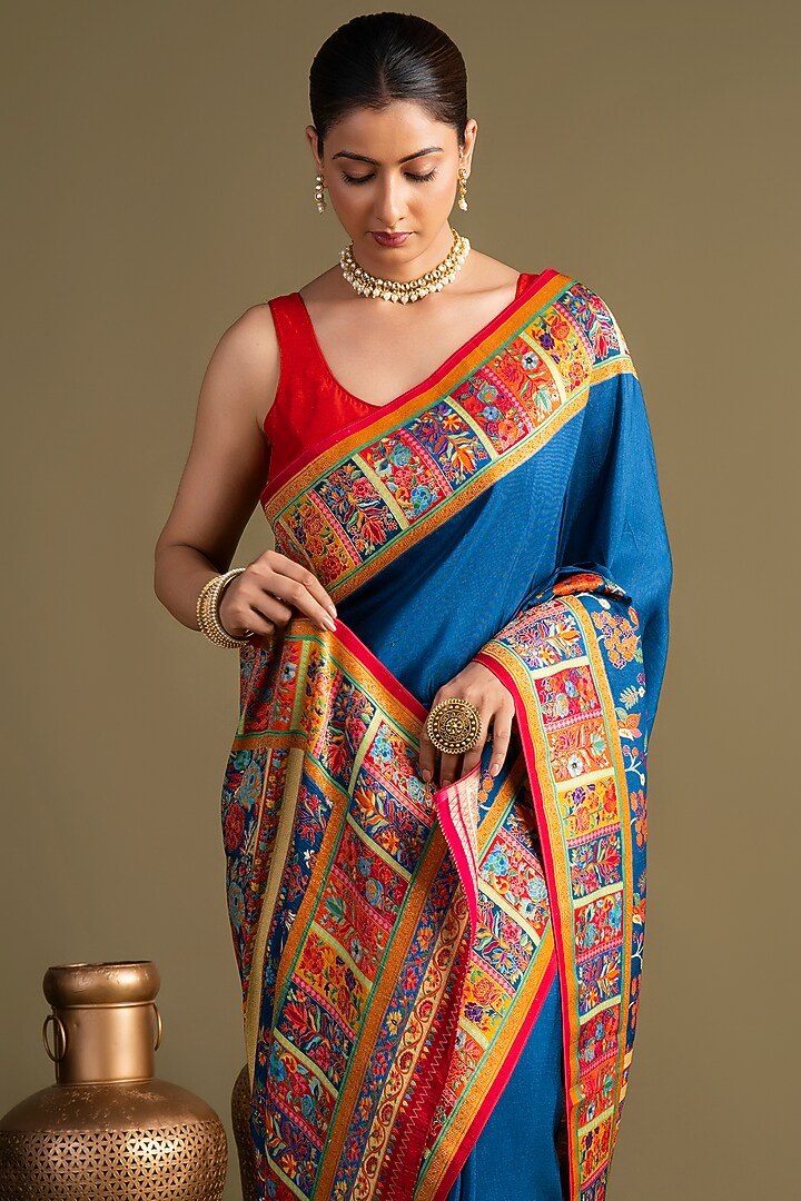 Royal Blue Pure Silk Floral Printed Banarasi Handloom Party Wear Saree Set by Zal From Benaras at Pernia's Pop Up Shop