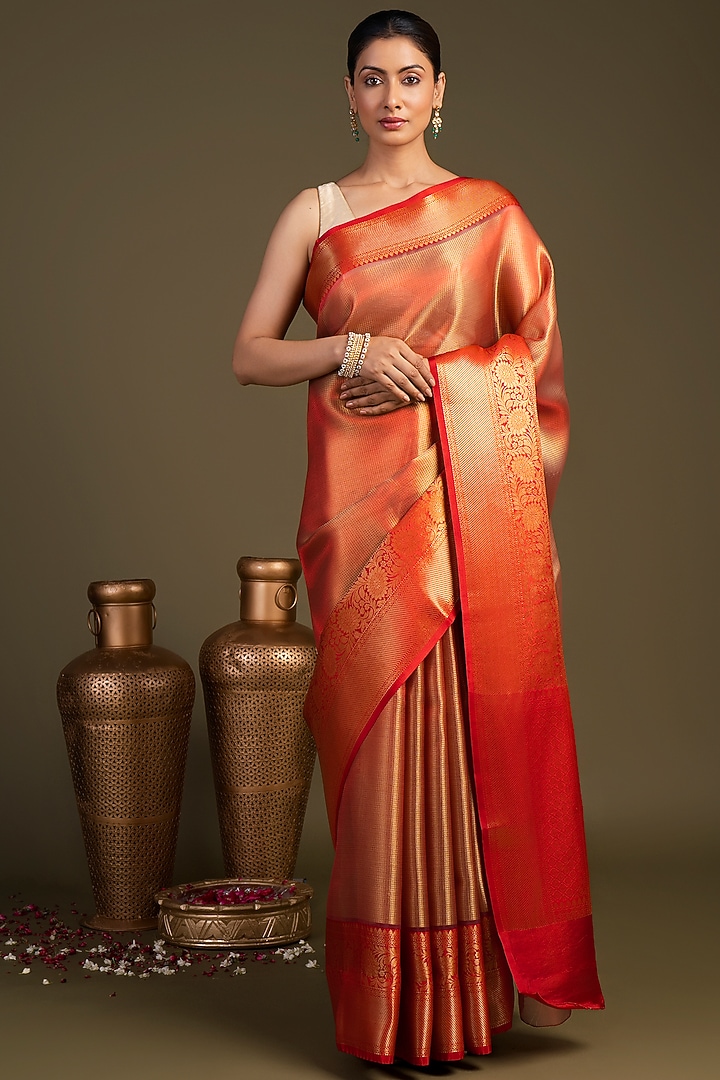 Red Zari Silk Banarasi Brocade Handloom Party Wear Saree Set by Zal From Benaras at Pernia's Pop Up Shop