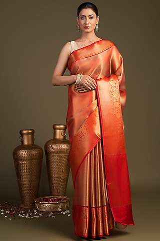 Red Zari Silk Banarasi Brocade Handloom Saree Set by Zal From Benaras