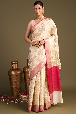 White & Pink Pure Silk Zari Floral Printed Banarasi Handloom Saree Set by Zal From Benaras