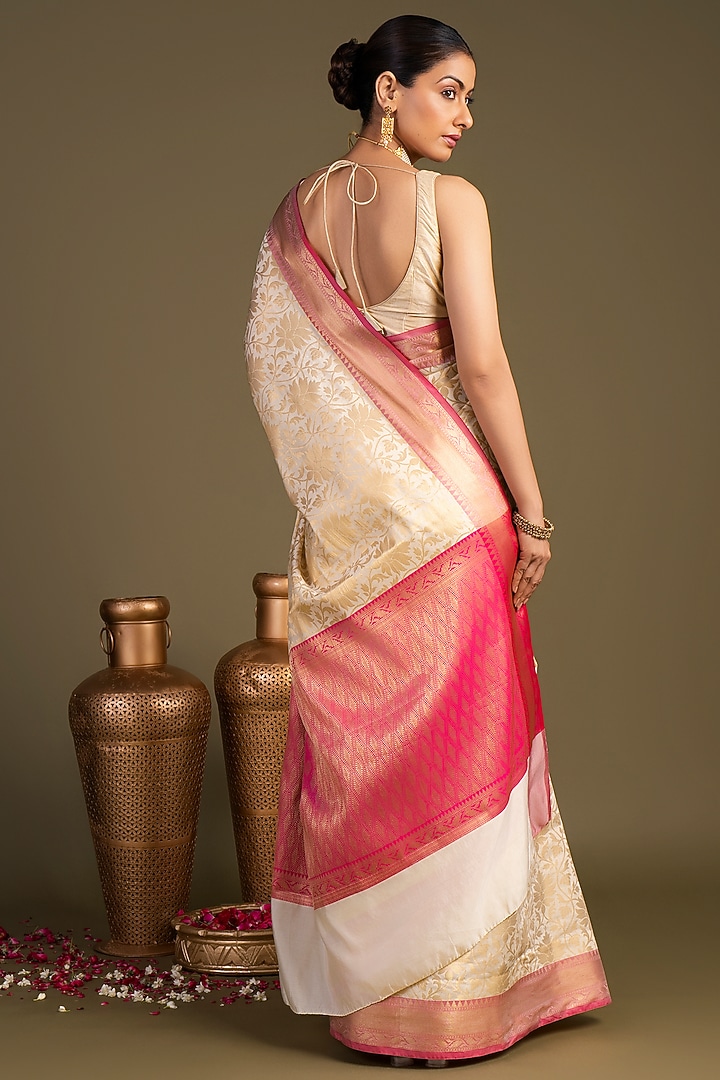 White & Pink Pure Silk Zari Floral Printed Banarasi Handloom Party Wear Saree Set by Zal From Benaras at Pernia's Pop Up Shop
