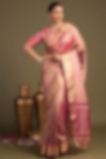 Light Pink Tissue Silk Striped Printed Banarasi Handloom Festive Saree Set by Zal From Benaras at Pernia's Pop Up Shop