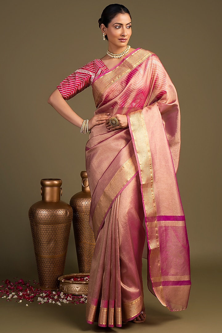 Light Pink Tissue Silk Striped Printed Banarasi Handloom Festive Saree Set by Zal From Benaras at Pernia's Pop Up Shop