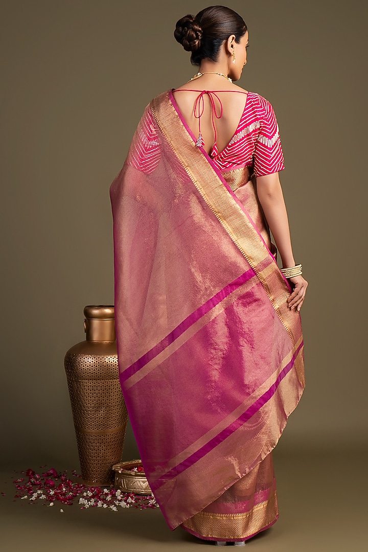 Light Pink Tissue Silk Striped Printed Banarasi Handloom Festive Saree Set by Zal From Benaras at Pernia's Pop Up Shop