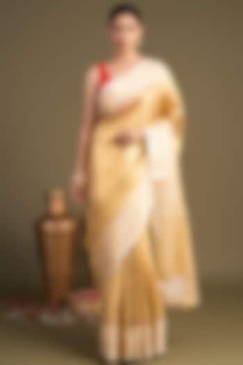 Gold Pure Katan Tissue Silk Banarasi Block Printed Handloom Party Wear Saree Set by Zal From Benaras at Pernia's Pop Up Shop