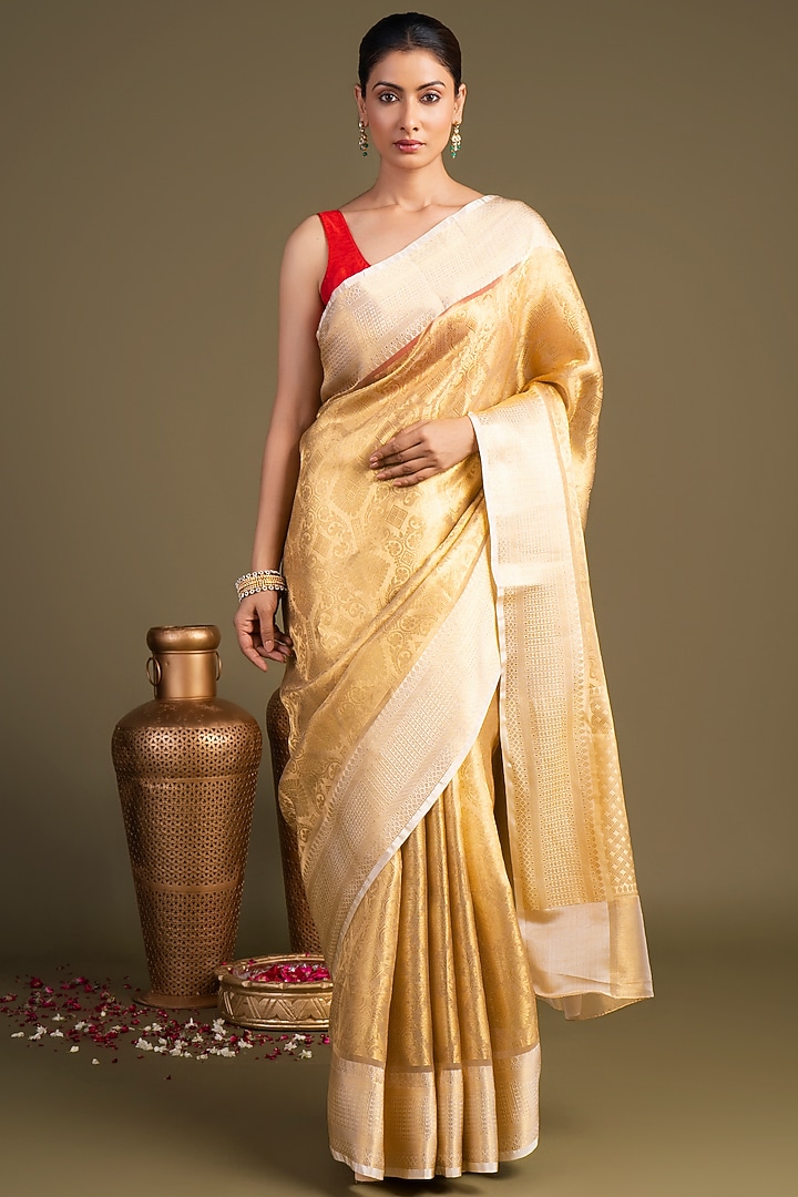 Gold Pure Katan Tissue Silk Banarasi Block Printed Handloom Party Wear Saree Set by Zal From Benaras at Pernia's Pop Up Shop