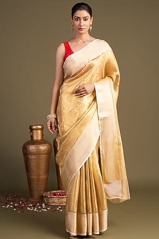 Gold Pure Katan Tissue Silk Banarasi Block Printed Handloom Saree Set by Zal From Benaras