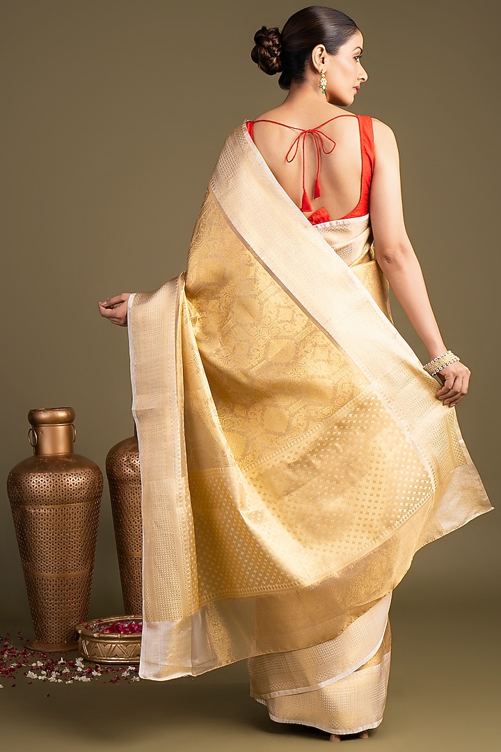 Gold Pure Katan Tissue Silk Banarasi Block Printed Handloom Party Wear Saree Set by Zal From Benaras at Pernia's Pop Up Shop