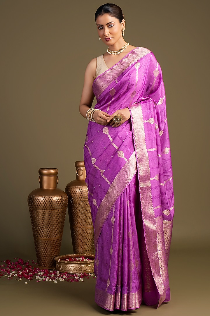 Purple Pure Silk Striped Printed Banarasi Handloom Party Wear Saree Set by Zal From Benaras at Pernia's Pop Up Shop