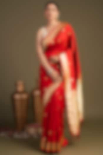 Red Pure Silk Polka Dot Printed Banarasi Handloom Party Wear Saree Set by Zal From Benaras at Pernia's Pop Up Shop