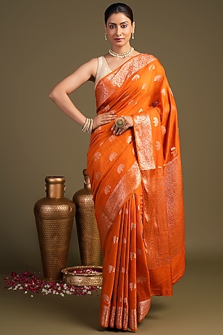 Orange Pure Moonga Silk Block Printed Banarasi Handloom Saree Set by Zal From Benaras