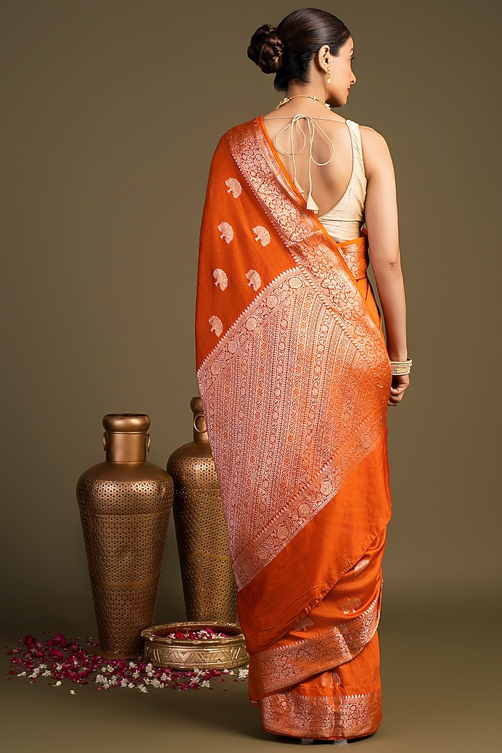 Orange Pure Moonga Silk Block Printed Banarasi Handloom Festive Saree Set by Zal From Benaras at Pernia's Pop Up Shop