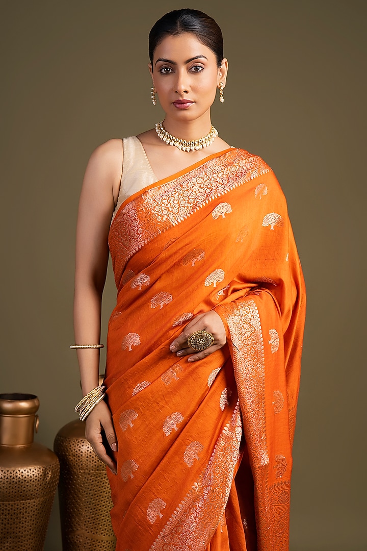 Orange Pure Moonga Silk Block Printed Banarasi Handloom Festive Saree Set by Zal From Benaras at Pernia's Pop Up Shop