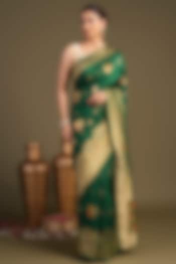 Bottle Green Pure Silk Floral Printed Banarasi Handloom Party Wear Saree Set by Zal From Benaras at Pernia's Pop Up Shop