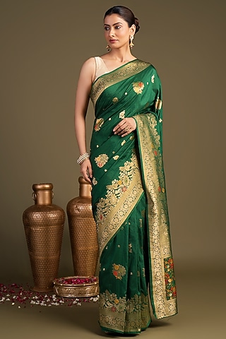 Bottle Green Pure Silk Floral Printed Banarasi Handloom Saree Set by Zal From Benaras