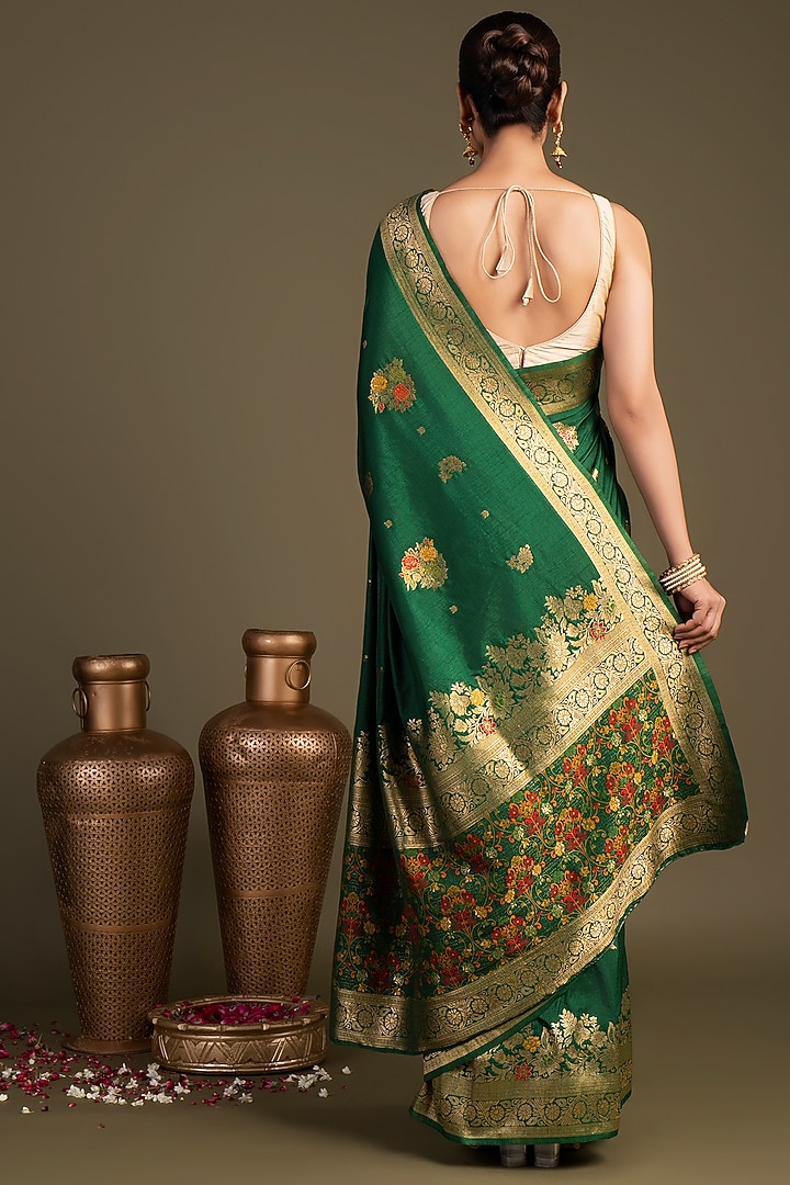 Bottle Green Pure Silk Floral Printed Banarasi Handloom Party Wear Saree Set by Zal From Benaras at Pernia's Pop Up Shop