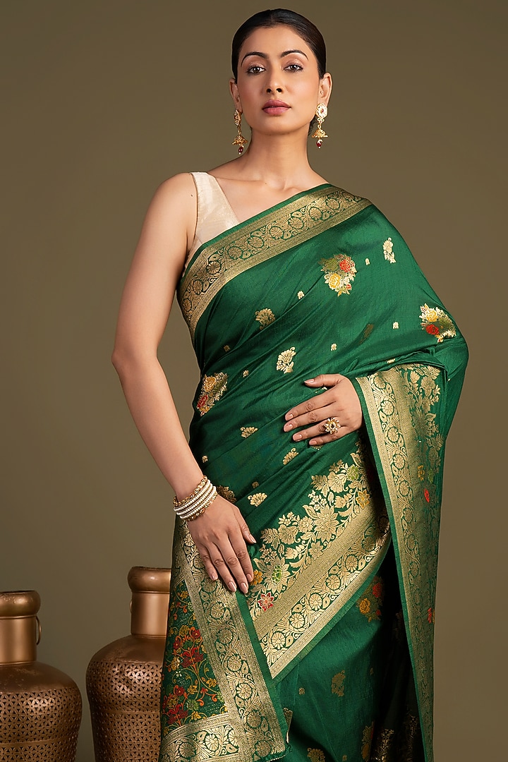 Bottle Green Pure Silk Floral Printed Banarasi Handloom Party Wear Saree Set by Zal From Benaras at Pernia's Pop Up Shop