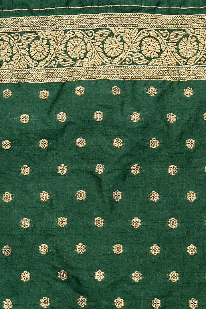 Bottle Green Pure Silk Floral Printed Banarasi Handloom Party Wear Saree Set by Zal From Benaras at Pernia's Pop Up Shop