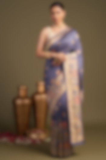 Grey Pure Silk Block Printed Banarasi Handloom Party Wear Saree Set by Zal From Benaras at Pernia's Pop Up Shop