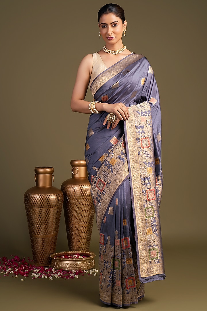 Grey Pure Silk Block Printed Banarasi Handloom Party Wear Saree Set by Zal From Benaras at Pernia's Pop Up Shop