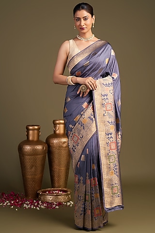 Grey Pure Silk Block Printed Banarasi Handloom Saree Set by Zal From Benaras