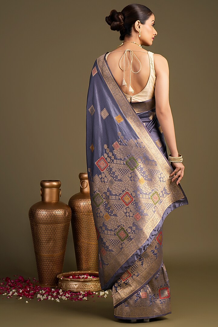 Grey Pure Silk Block Printed Banarasi Handloom Party Wear Saree Set by Zal From Benaras at Pernia's Pop Up Shop