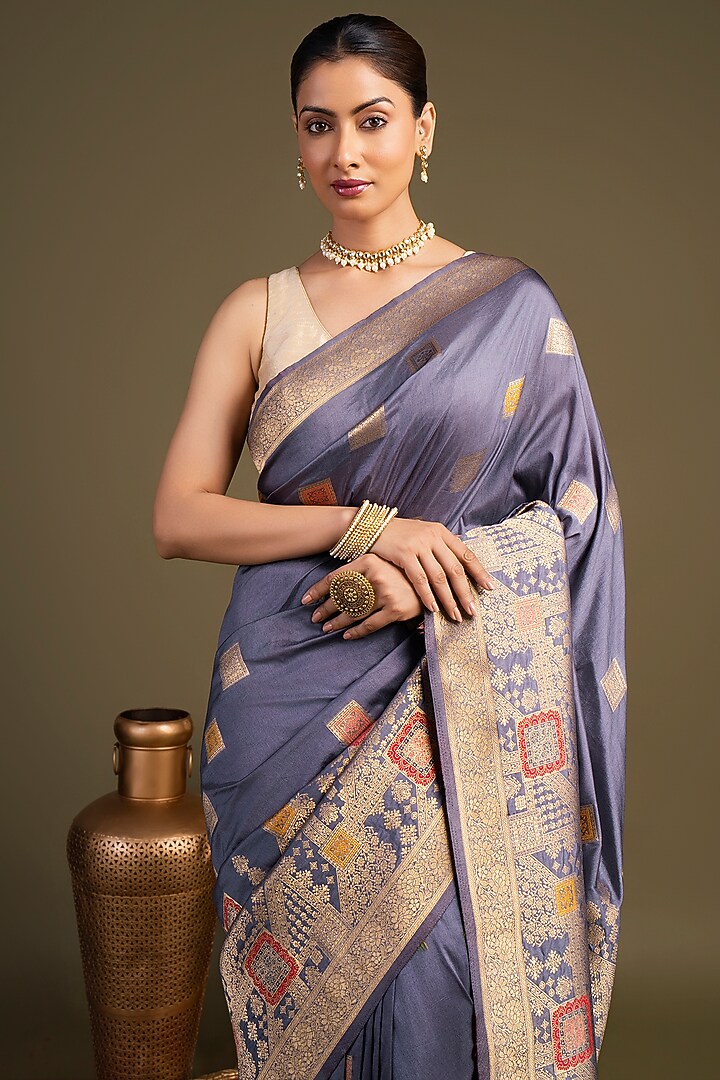 Grey Pure Silk Block Printed Banarasi Handloom Party Wear Saree Set by Zal From Benaras at Pernia's Pop Up Shop