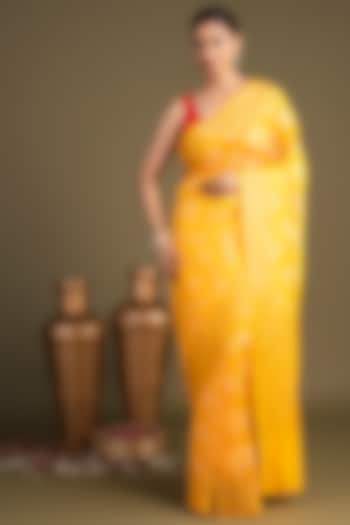 Bright Yellow Pure Silk Block Printed Banarasi Handloom Party Wear Saree Set by Zal From Benaras at Pernia's Pop Up Shop
