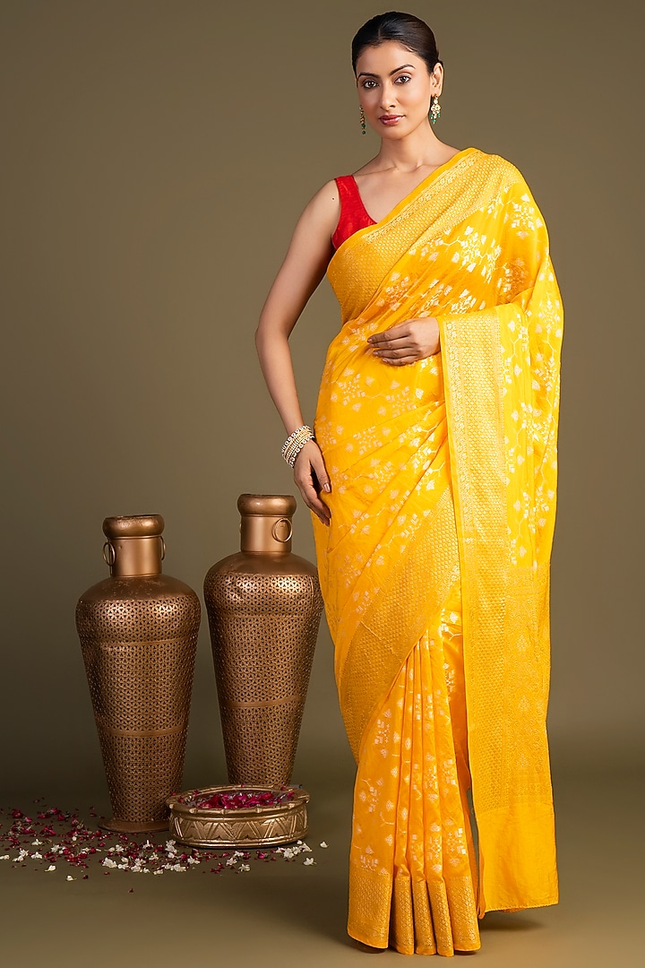 Bright Yellow Pure Silk Block Printed Banarasi Handloom Party Wear Saree Set by Zal From Benaras at Pernia's Pop Up Shop