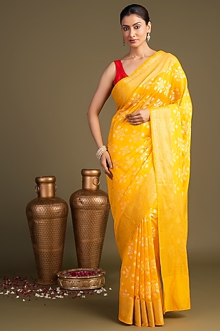 Bright Yellow Pure Silk Block Printed Banarasi Handloom Saree Set by Zal From Benaras