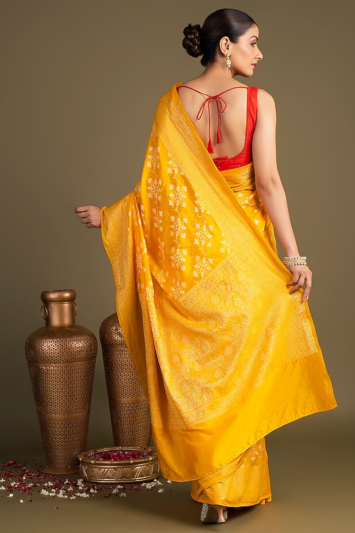 Bright Yellow Pure Silk Block Printed Banarasi Handloom Party Wear Saree Set by Zal From Benaras at Pernia's Pop Up Shop