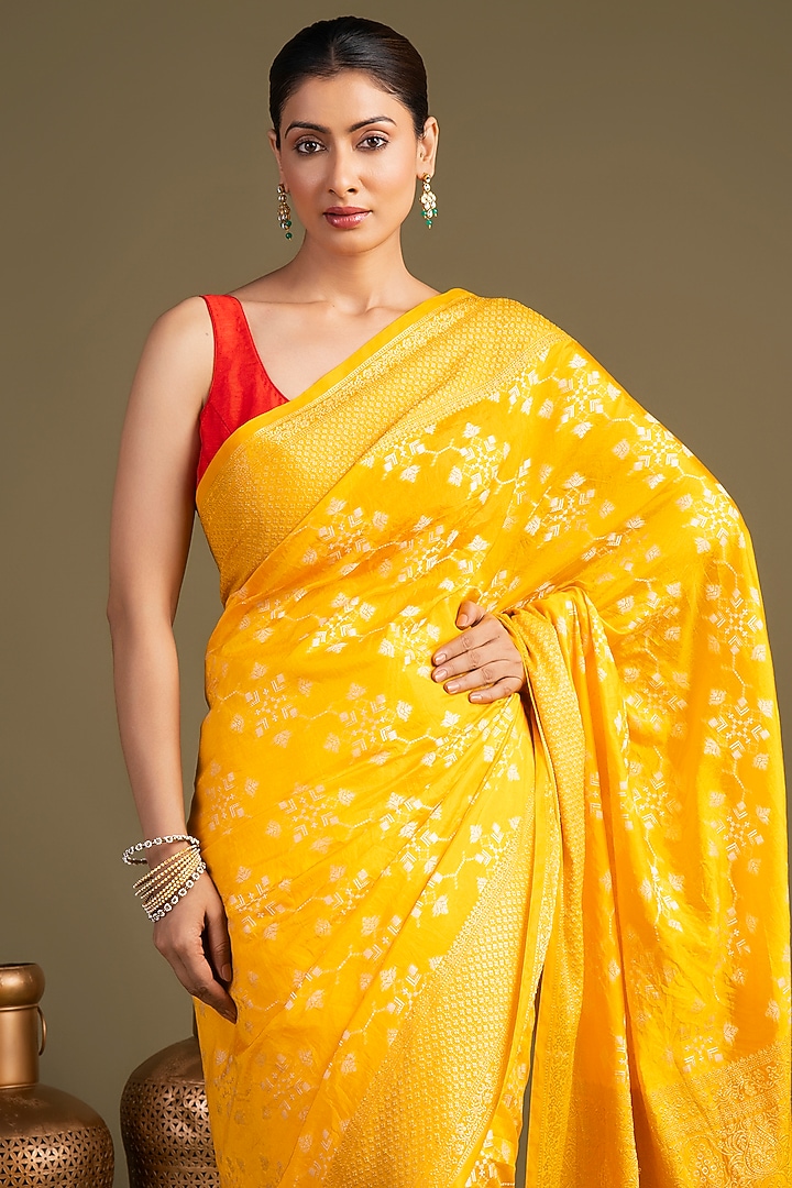 Bright Yellow Pure Silk Block Printed Banarasi Handloom Party Wear Saree Set by Zal From Benaras at Pernia's Pop Up Shop