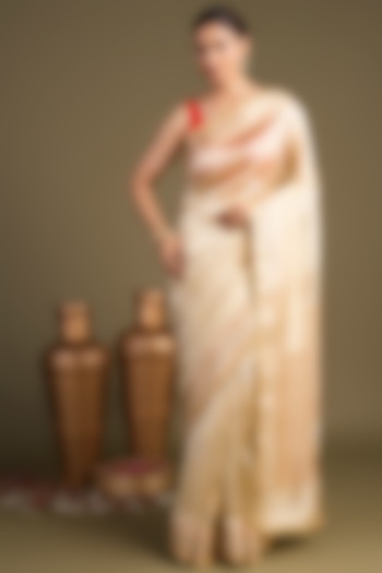 Beige Pure Katan Silk Block Printed Banarasi Handloom Party Wear Saree Set by Zal From Benaras at Pernia's Pop Up Shop