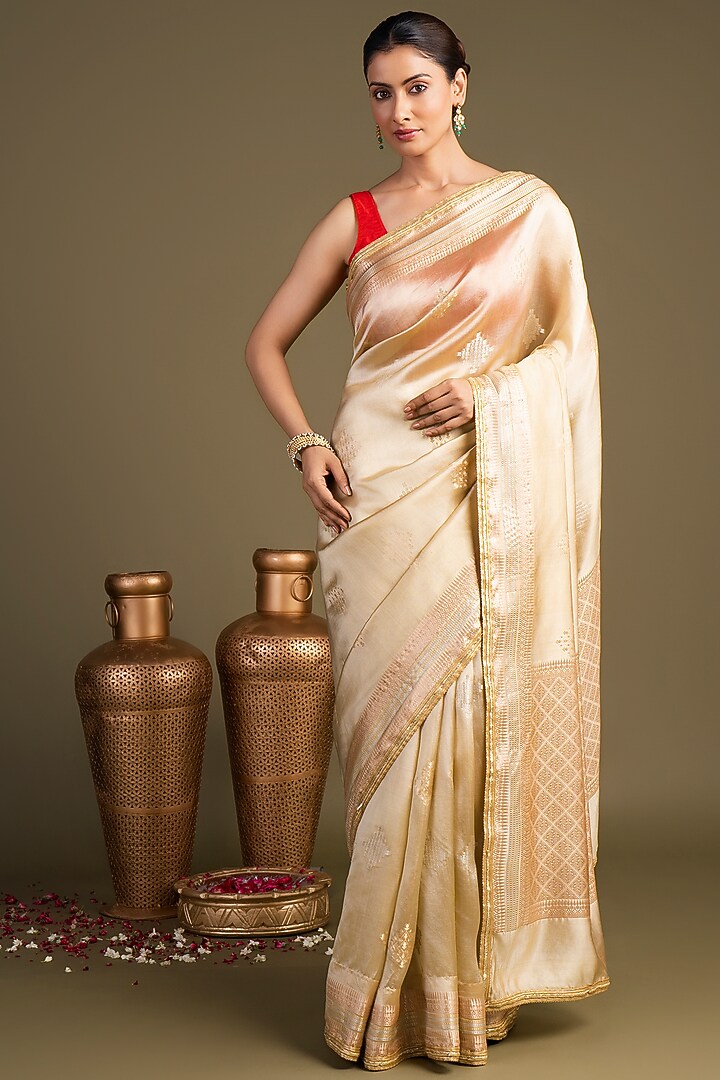 Beige Pure Katan Silk Block Printed Banarasi Handloom Party Wear Saree Set by Zal From Benaras at Pernia's Pop Up Shop