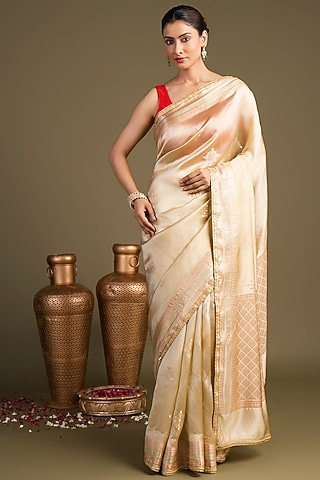 Beige Pure Katan Silk Block Printed Banarasi Handloom Saree Set by Zal From Benaras