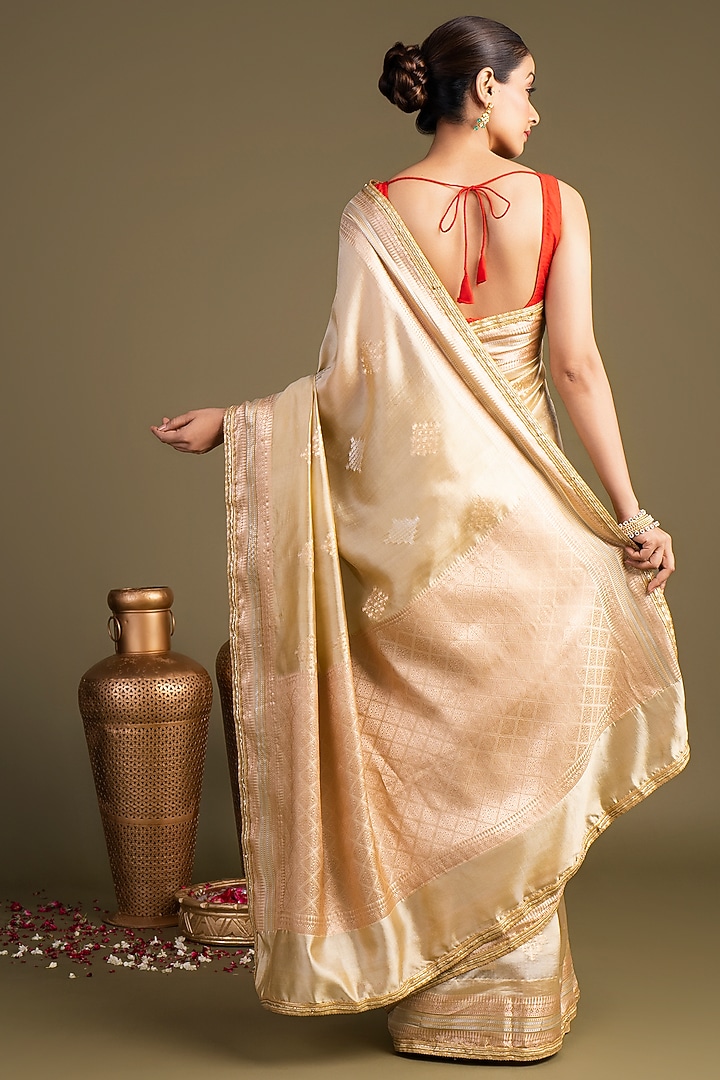 Beige Pure Katan Silk Block Printed Banarasi Handloom Party Wear Saree Set by Zal From Benaras at Pernia's Pop Up Shop